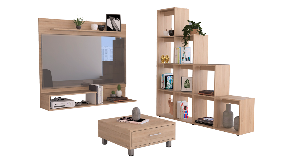 Panel TV + Biblioteca Escalera+ Mesa de Centro Color Rovere Para Sala De Estar